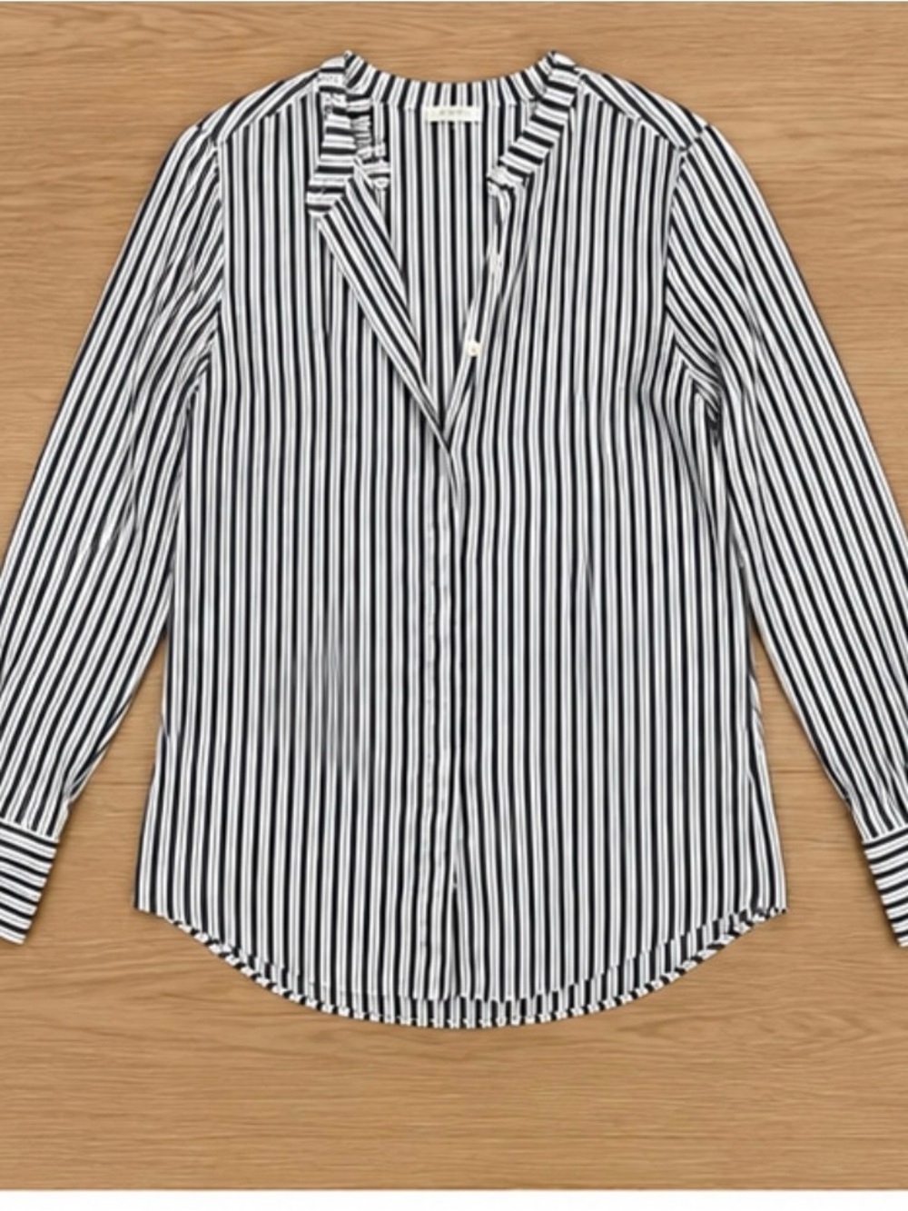 LOFT White & Deep Navy Striped Button Front Long Sleeve Blouse | Size L